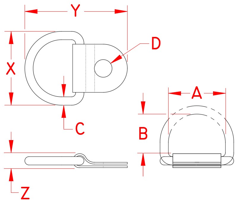 Stainless Steel Folding Pad Eye, S3711-0003, S3711-0007, S3711-0008, Line Drawing